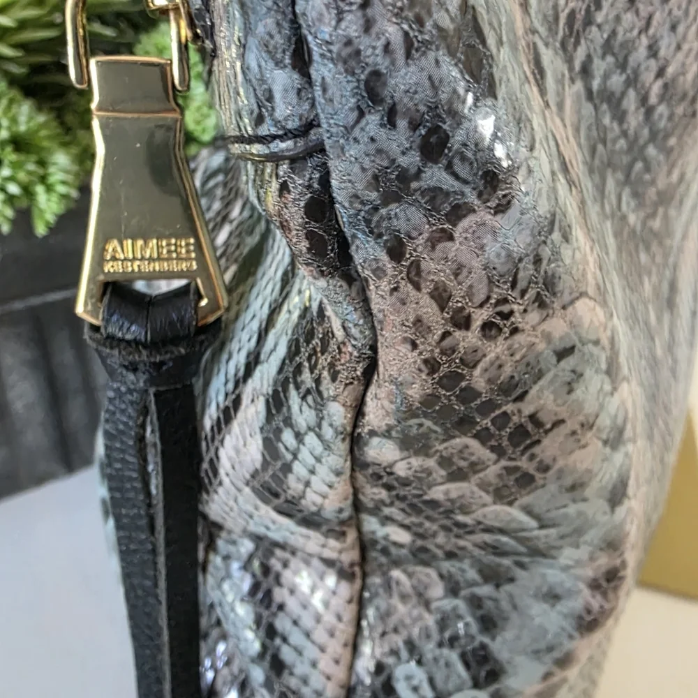 Aimee Kestenberg Snakeskin Embossed Leather Hobo Bag Gray Black Pale Blue